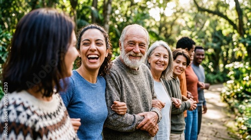 Happy multi-generational diverse group smiling together in a green park