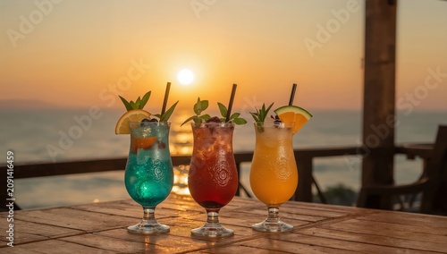 Colorful Drinks on a Table With Sunset and Ocean in the Background