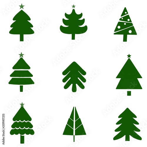 Set of nine green Christmas tree icons and simple holiday tree silhouettes for festive design