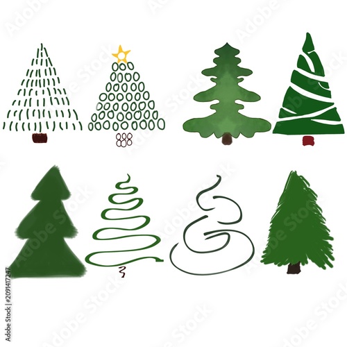 Handdrawn Christmas tree icons and abstract evergreen sketches for holiday design projects