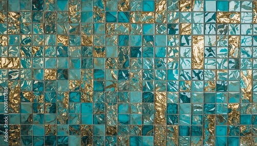 Colorful Mosaic Wall Made of Small Tiles in Various Shades and Shapes in Indo...