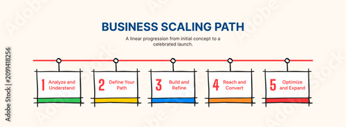 Hand drawn business scaling path infographic timeline with five sequential steps