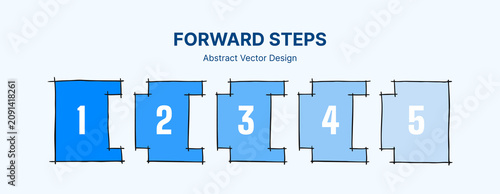 Hand drawn blue forward steps business infographic with five numbered puzzle pieces