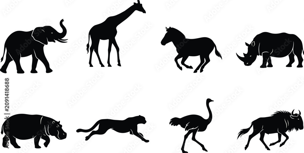 Fototapeta premium African Wildlife Animal Silhouette Collection Featuring Elephant Giraffe Horse Rhinoceros Hippopotamus Cheetah Ostrich and Wildebeest Vector Set