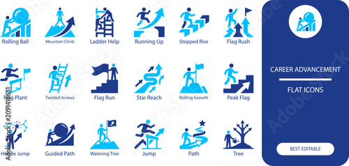 Business success icons set. Minimal silhouette vector illustration of people climbing, running and achieving goals for presentation design.