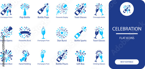 Celebration icons set. Silhouette vector illustration of champagne, glasses, fireworks and party symbols for festive design.