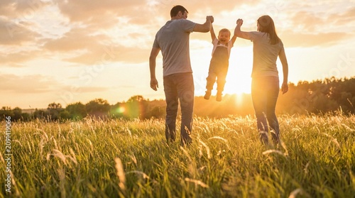 Parents swinging happy child in a field at beautiful golden sunset