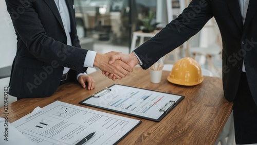Business Partners Shake Hands to Finalize a Deal in an Office With Constructi...
