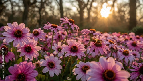 Flowers Bloom Under Sunlight in a Garden During Evening Hours in a Natural Se...