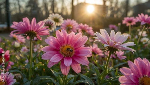 Flowers Bloom Under Sunlight in a Garden During Evening Hours in a Natural Se...