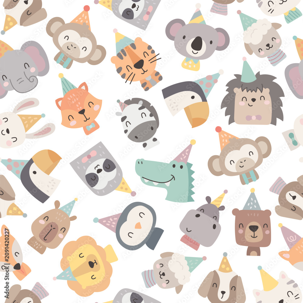 Obraz premium Holiday birthday animal seamless pattern set featuring tiger monkey koala elephant zebra toucan hedgehog crocodile hippopotamus penguin sloth lion rabbit
