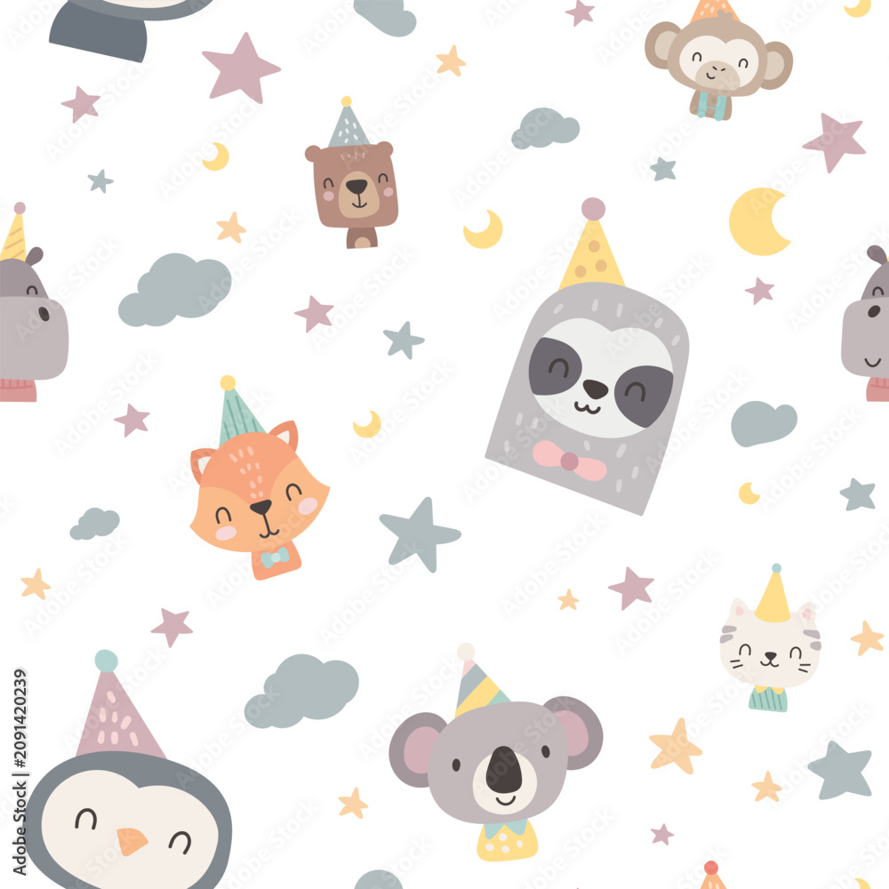 Fototapeta premium Holiday birthday animal seamless pattern set featuring sloth monkey bear fox cat koala penguin hippopotamus cloud moon star party hat