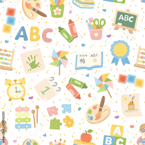 School education pedagogy seamless pattern set featuring palette blackboard xylophone pencils crayons alphabet blocks books apple clock calendar medal abacus