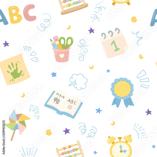 School education pedagogy seamless pattern set featuring calendar medal textbook pinwheel handprint stationery abacus clock moon star pencils books hearts