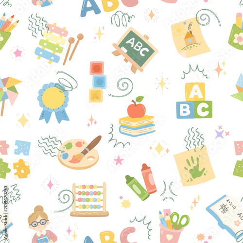 School education pedagogy seamless pattern set featuring blackboard apple palette teacher alphabet cubes books stacks medal stars xylophone pinwheel pencils