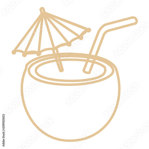 Clean flat vector line icon featuring a coconut cocktail, ideal for happy hour graphics, seaside cafe menus, resort wayfinding, and summer campaigns.