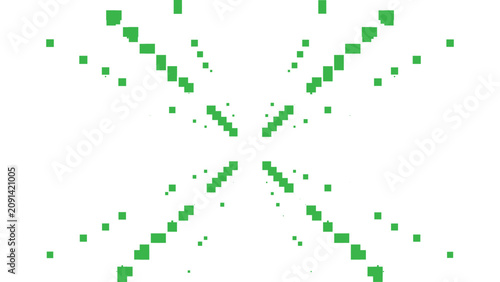 Green pixel x pattern with geometric square elements on white background design