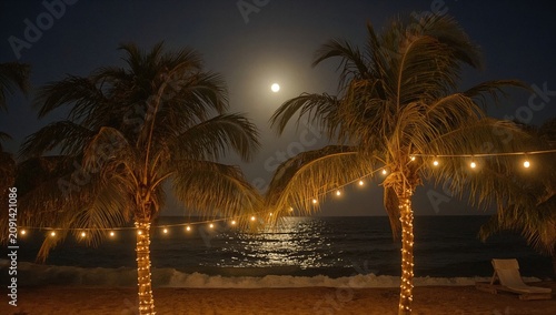 Moonlight Shining Over the Ocean With Palm Trees and String Lights on the Bea...