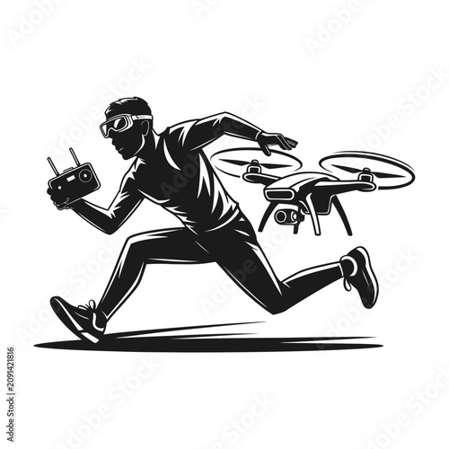 Foto Man running with drone and remote control in hand quickly outside