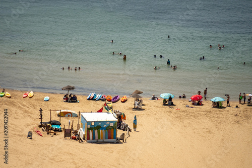 Overhead view of the beach in Sidi Bou Said, near Tunis, Tunisia
