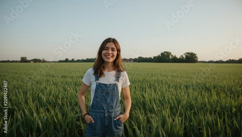 Smiling Girl Stands in a Green Field During Late Afternoon in a Rural Area