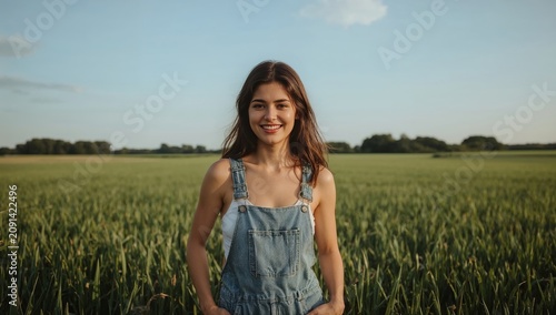 Smiling Girl Stands in a Green Field During Late Afternoon in a Rural Area