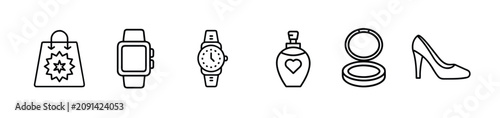 Foto Shopping fashion and beauty line icons set with wristwatch, smart watch, perfume bottle, compact mirror, high heel shoe & more vector illustration with editable stroke