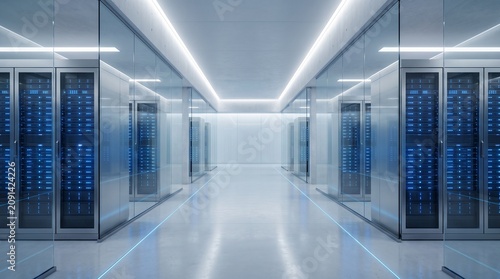 Modern server room interior featuring rows of high tech computer hardware cabinets illuminated by bright white and blue ambient lighting