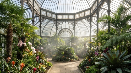 Lush tropical plants and blooming orchids thrive inside a grand Victorian glass greenhouse structure featuring soft ethereal morning light rays