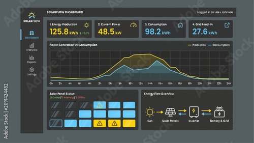 Solar Panel Monitoring Dashboard Vector UI Interface Graphic