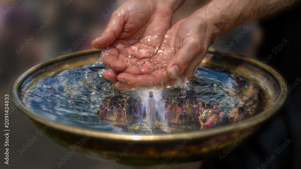 Obraz premium Adult hands washing in brass bowl with reflective water mirroring faint human figure, moody directional light, deep shadows, warm metal tones, intimate contemplative religious symbolism