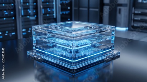 Transparent glowing glass cube housing a complex futuristic computer processor with intricate blue circuit board patterns inside a server room