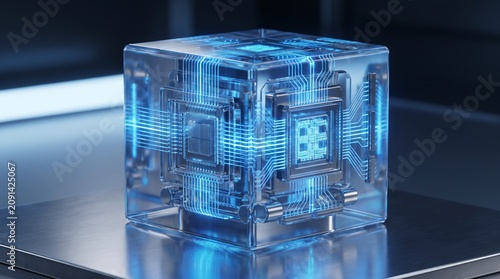 Glowing blue electronic microchip processor housed inside a transparent glass cube with intricate circuit board pathways and futuristic digital light