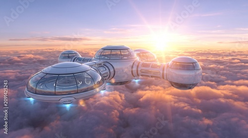 Futuristic white modular space station floating elegantly above thick pink sunset clouds with bright glowing lights and sleek glass domes