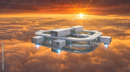 Futuristic modular glass architecture floating above vibrant golden clouds during a beautiful sunset with bright glowing blue engine light beams