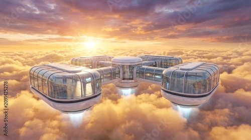 Futuristic white modular floating structure with glass walls hovering above thick golden clouds during a bright warm sunset sky scene