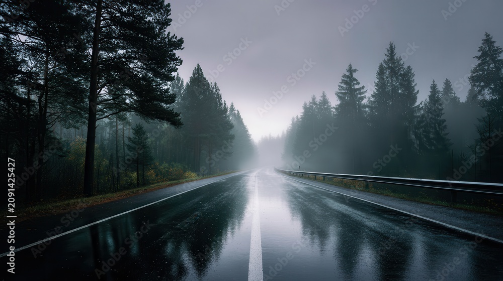 Naklejka premium Empty wet two-lane road vanishing into morning mist through dense evergreen forest with reflective surface, guardrails, cool overcast light, deep perspective, quiet rural scenery