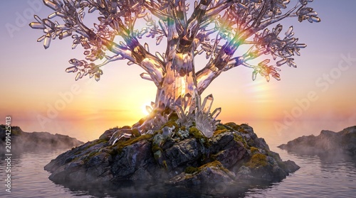 Majestic crystalline tree standing on a rocky island surrounded by tranquil water during a beautiful golden hour sunset landscape scene