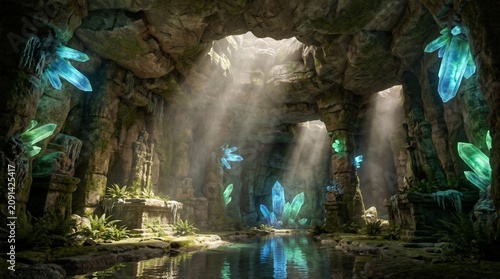 Ancient stone cavern interior featuring glowing blue crystals and mystical statues illuminated by natural sunlight streaming through a rocky ceiling