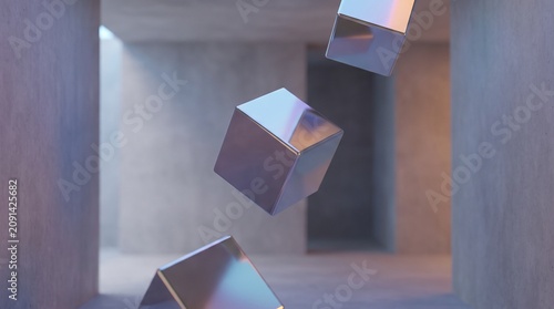 Three polished metallic cubes float gracefully within a minimalist architectural space featuring soft natural light and smooth concrete wall surfaces