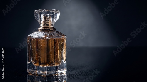 Elegant square glass perfume bottle with golden liquid and water droplets captured in dramatic studio lighting against dark moody background
