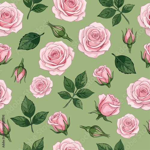Pink roses seamless pattern for wrapping paper romantic fabric, wedding stationery. Vintage floral seamless pattern with pink rose buds, green leaves for textile, wallpaper. Shabby chic blooming rose 