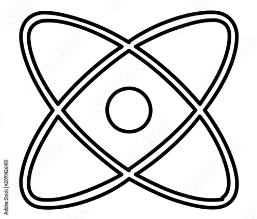 A clean flat vector line icon showing a minimalist atom symbol, useful for physics courses, research apps, and educational infographics.
