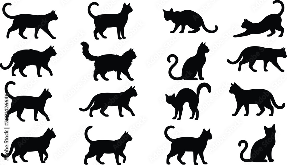 Fototapeta premium Halloween black cat silhouette vector set, spooky cat poses clipart