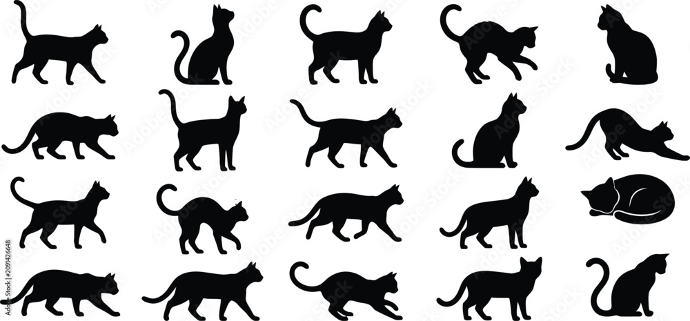 Fototapeta premium Halloween black cat silhouette vector set, spooky feline poses icon