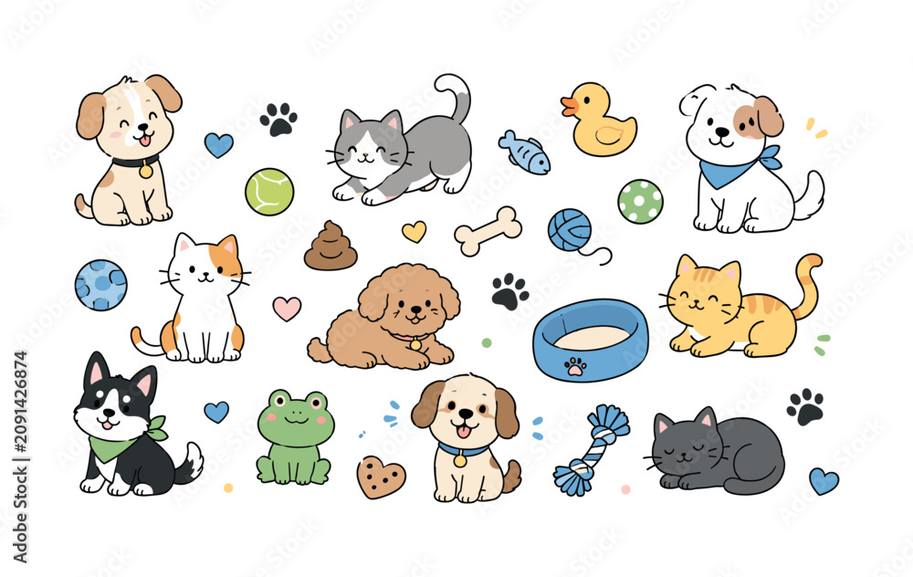 Fototapeta premium Cute cartoon pets and accessories doodle set with dogs, cats, and toys