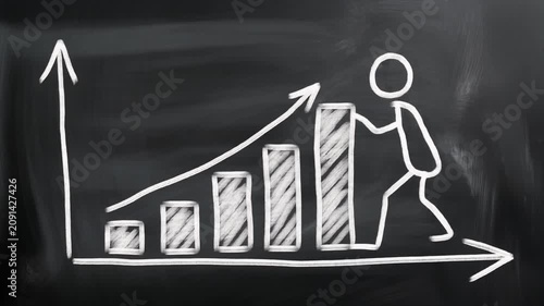 Stick figure climbing a bar graph made of chalk drawings on a blackboard chart business
