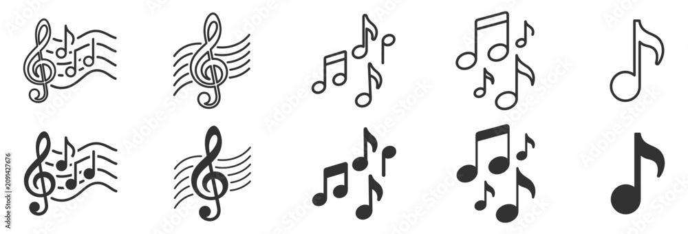 Fototapeta premium music notes and treble clef icons set, line art and solid style vector illustration on transparent background