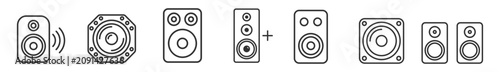 Foto set of black line art speaker icons audio equipment sound technology on transpar