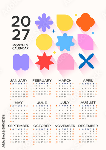 A vertical calendar featuring vibrant abstract geometric shapes. 2027 wall calendar template with a modern design.